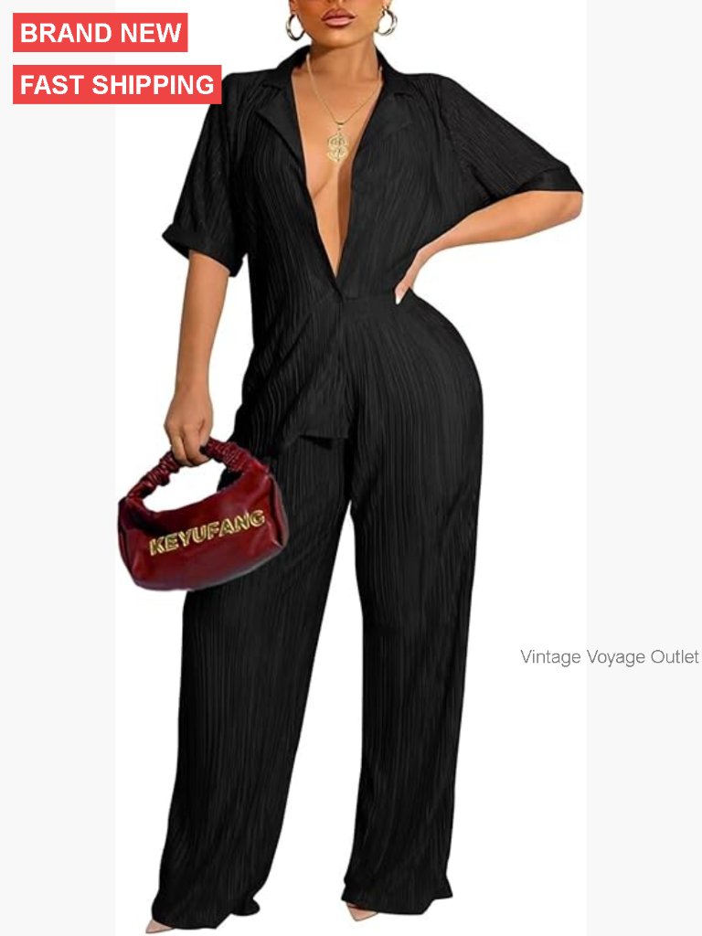 Women's Pleated Button Down Shirt High Waist Wide Leg Trouser Set Medium